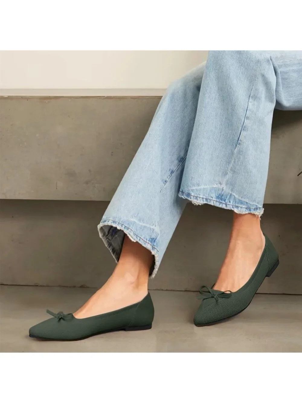 Women's Green Comfortable Pointed Toe Bow Knit Ballet Dressy Mesh Slip On Flats